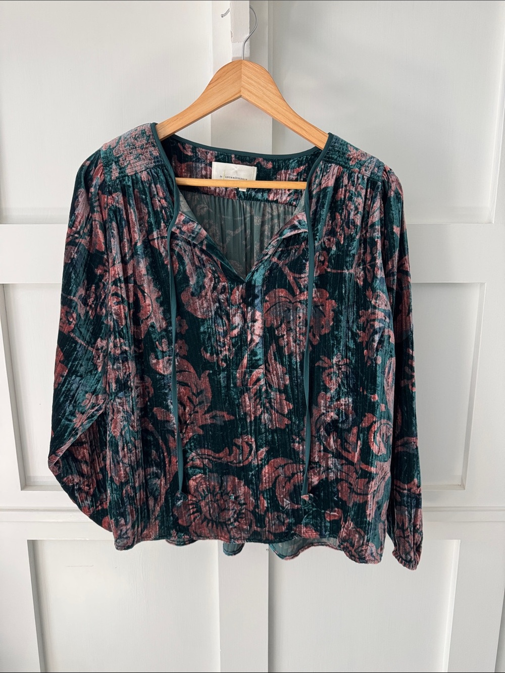 Anthropologie Teal and Rose Floral Velvet Peasant Blouse